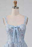 Sequin A Line Sky Blue Homecoming Dress with Bow