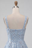 Sequin A Line Sky Blue Homecoming Dress with Bow