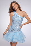 One Shoulder Sky Blue Sequin Short Homecoming Dress with Ruffles