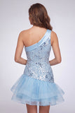 One Shoulder Sky Blue Sequin Short Homecoming Dress with Ruffles