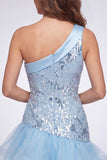 One Shoulder Sky Blue Sequin Short Homecoming Dress with Ruffles