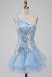 One Shoulder Sky Blue Sequin Short Homecoming Dress with Ruffles