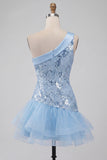 One Shoulder Sky Blue Sequin Short Homecoming Dress with Ruffles