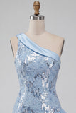 One Shoulder Sky Blue Sequin Short Homecoming Dress with Ruffles