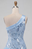 One Shoulder Sky Blue Sequin Short Homecoming Dress with Ruffles