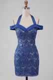 Royal Blue Halter Sequin Bodycon Short Homecoming Dress