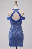 Royal Blue Halter Sequin Bodycon Short Homecoming Dress