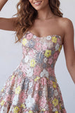 Sparkly Pink Strapless Floral Sequin A Line Short Homecoming Dress