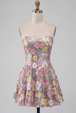 Sparkly Pink Strapless Floral Sequin A Line Short Homecoming Dress