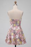 Sparkly Pink Strapless Floral Sequin A Line Short Homecoming Dress