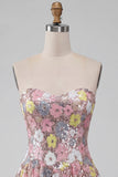 Sparkly Pink Strapless Floral Sequin A Line Short Homecoming Dress