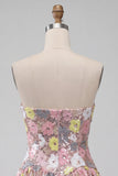 Sparkly Pink Strapless Floral Sequin A Line Short Homecoming Dress