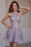 Sequin Lilac Halter A Line Homecoming Dress with Beading