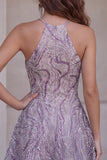 Sequin Lilac Halter A Line Homecoming Dress with Beading