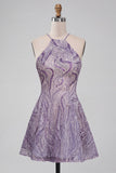 Sequin Lilac Halter A Line Homecoming Dress with Beading