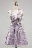 Halter Beaded A Line Lilac Backless Short Homecoming Dress with Sequins