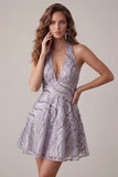Halter Beaded A Line Lilac Backless Short Homecoming Dress with Sequins