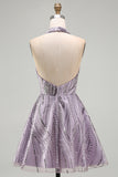 Halter Beaded A Line Lilac Backless Short Homecoming Dress with Sequins