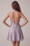 Halter Beaded A Line Lilac Backless Short Homecoming Dress with Sequins