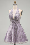 Halter Beaded A Line Lilac Backless Short Homecoming Dress with Sequins