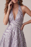 Halter Beaded A Line Lilac Backless Short Homecoming Dress with Sequins