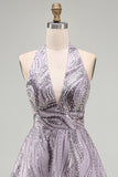 Halter Beaded A Line Lilac Backless Short Homecoming Dress with Sequins