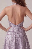 Halter Beaded A Line Lilac Backless Short Homecoming Dress with Sequins