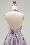 Halter Beaded A Line Lilac Backless Short Homecoming Dress with Sequins