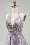 Halter Beaded A Line Lilac Backless Short Homecoming Dress with Sequins