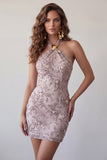 Fog Halter Bodycon Beaded Short Homecoming Dress with Pearls