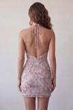 Fog Halter Bodycon Beaded Short Homecoming Dress with Pearls