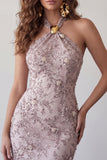 Fog Halter Bodycon Beaded Short Homecoming Dress with Pearls
