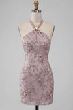Fog Halter Bodycon Beaded Short Homecoming Dress with Pearls