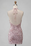 Fog Halter Bodycon Beaded Short Homecoming Dress with Pearls
