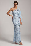 One Shoulder Sky Blue Mermaid Sequin Long Mother of the Bride Dress