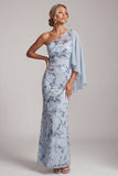 One Shoulder Sky Blue Mermaid Sequin Long Mother of the Bride Dress