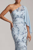 One Shoulder Sky Blue Mermaid Sequin Long Mother of the Bride Dress