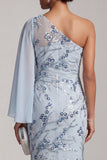 One Shoulder Sky Blue Mermaid Sequin Long Mother of the Bride Dress