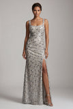 Silver Square Neck Beaded Long Mother of the Bride Dress with Slit
