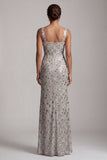 Silver Square Neck Beaded Long Mother of the Bride Dress with Slit