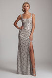 Silver Square Neck Beaded Long Mother of the Bride Dress with Slit