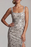 Silver Square Neck Beaded Long Mother of the Bride Dress with Slit