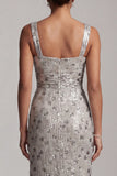 Silver Square Neck Beaded Long Mother of the Bride Dress with Slit