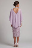 Halter Lilac Bodycon Beaded Midi Mother of the Bride Dress with Cape