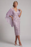 Halter Lilac Bodycon Beaded Midi Mother of the Bride Dress with Cape