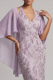 Halter Lilac Bodycon Beaded Midi Mother of the Bride Dress with Cape