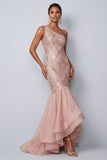 One Shoulder Mermaid Sequin Pink Mother of the Bride Dress with Ruffles