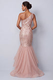 One Shoulder Mermaid Sequin Pink Mother of the Bride Dress with Ruffles