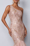 One Shoulder Mermaid Sequin Pink Mother of the Bride Dress with Ruffles
