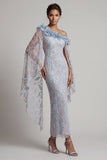 Dusty Blue One Shoulder Beaded Long Mother of the Bride Dress with Ruffles